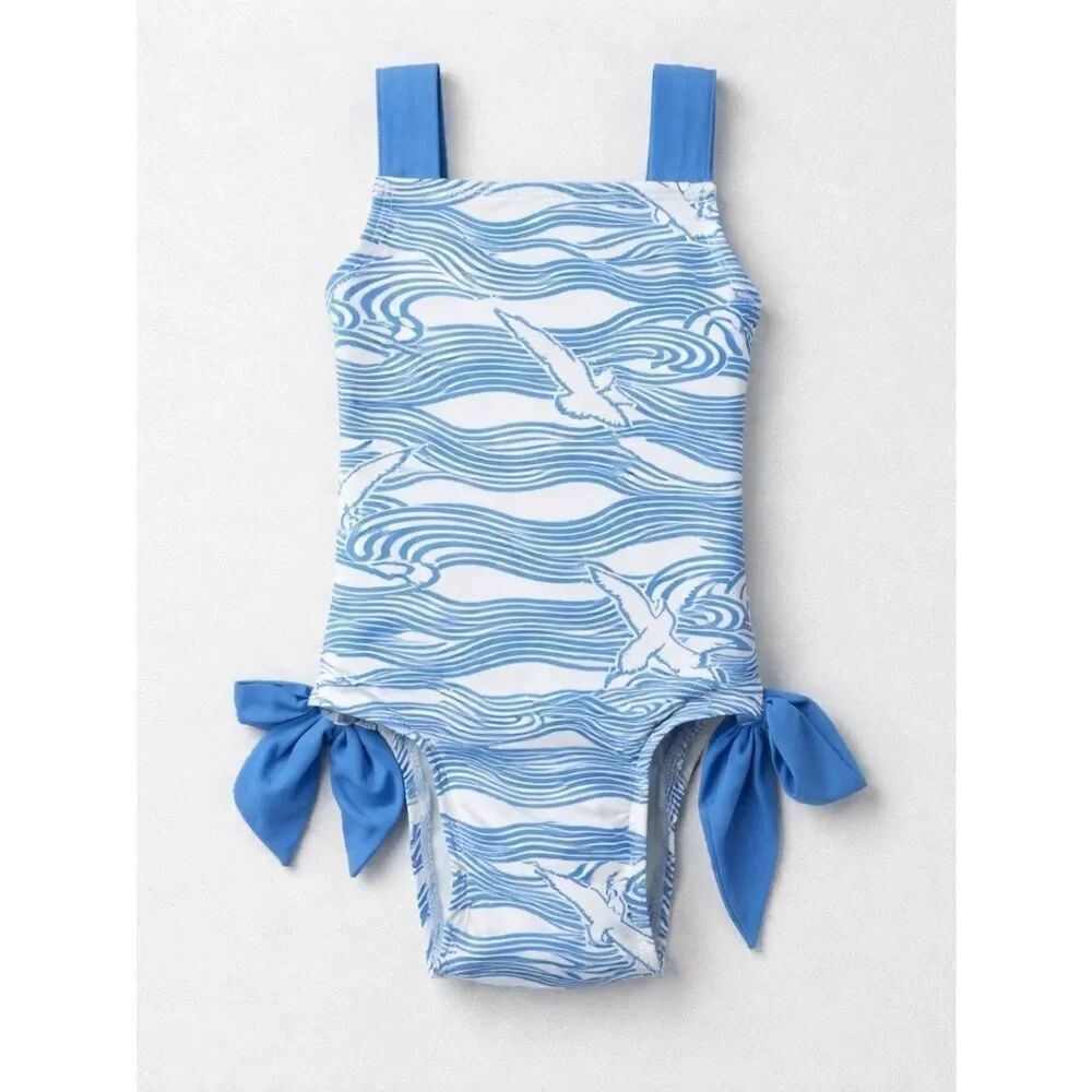 The Beaufort Bonnet Company Blue and white wave seagull print one-piece swimsuit